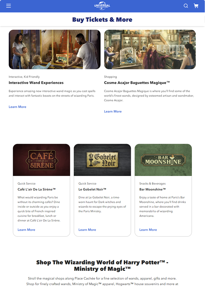 screenshot of universal studios homepage